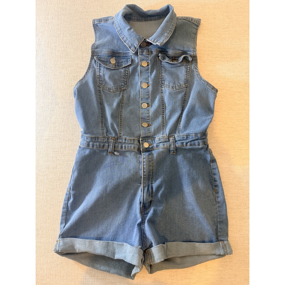 SHEIN Romper Women XL Blue Good Sleeveless Button Front Denim Jean Playsuit